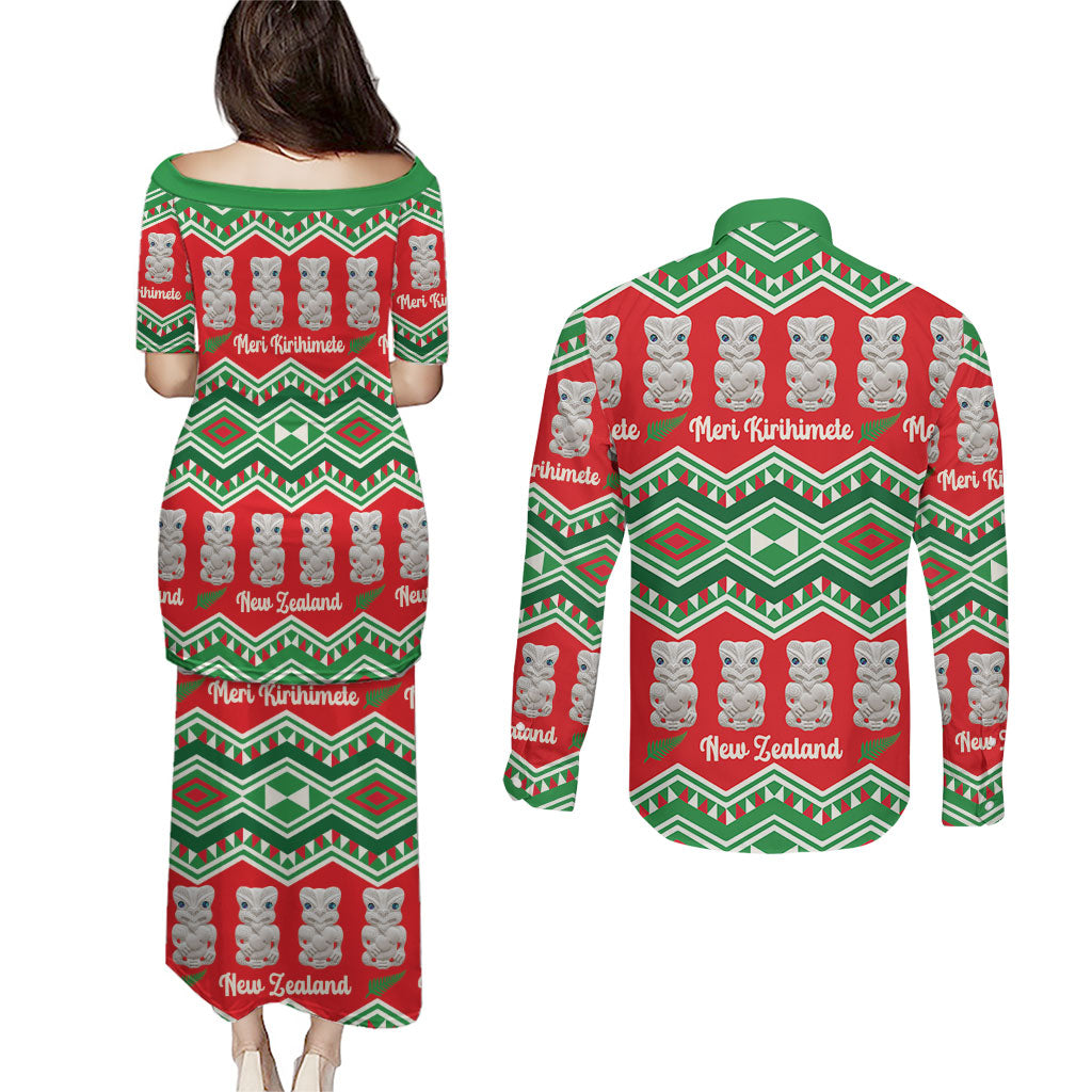 New Zealand Christmas In July Couples Matching Puletasi and Long Sleeve Button Shirt Meri Kirihimete Hei Tiki Taniko Motifs Seamless