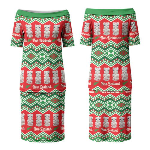 New Zealand Christmas In July Couples Matching Puletasi and Long Sleeve Button Shirt Meri Kirihimete Hei Tiki Taniko Motifs Seamless LT14