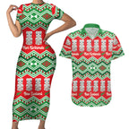 New Zealand Christmas In July Couples Matching Short Sleeve Bodycon Dress and Hawaiian Shirt Meri Kirihimete Hei Tiki Taniko Motifs Seamless