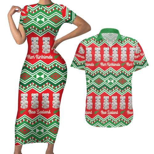 New Zealand Christmas In July Couples Matching Short Sleeve Bodycon Dress and Hawaiian Shirt Meri Kirihimete Hei Tiki Taniko Motifs Seamless