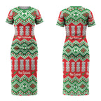 New Zealand Christmas In July Couples Matching Short Sleeve Bodycon Dress and Hawaiian Shirt Meri Kirihimete Hei Tiki Taniko Motifs Seamless LT14