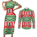 New Zealand Christmas In July Couples Matching Short Sleeve Bodycon Dress and Long Sleeve Button Shirt Meri Kirihimete Hei Tiki Taniko Motifs Seamless