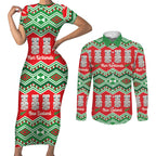 New Zealand Christmas In July Couples Matching Short Sleeve Bodycon Dress and Long Sleeve Button Shirt Meri Kirihimete Hei Tiki Taniko Motifs Seamless