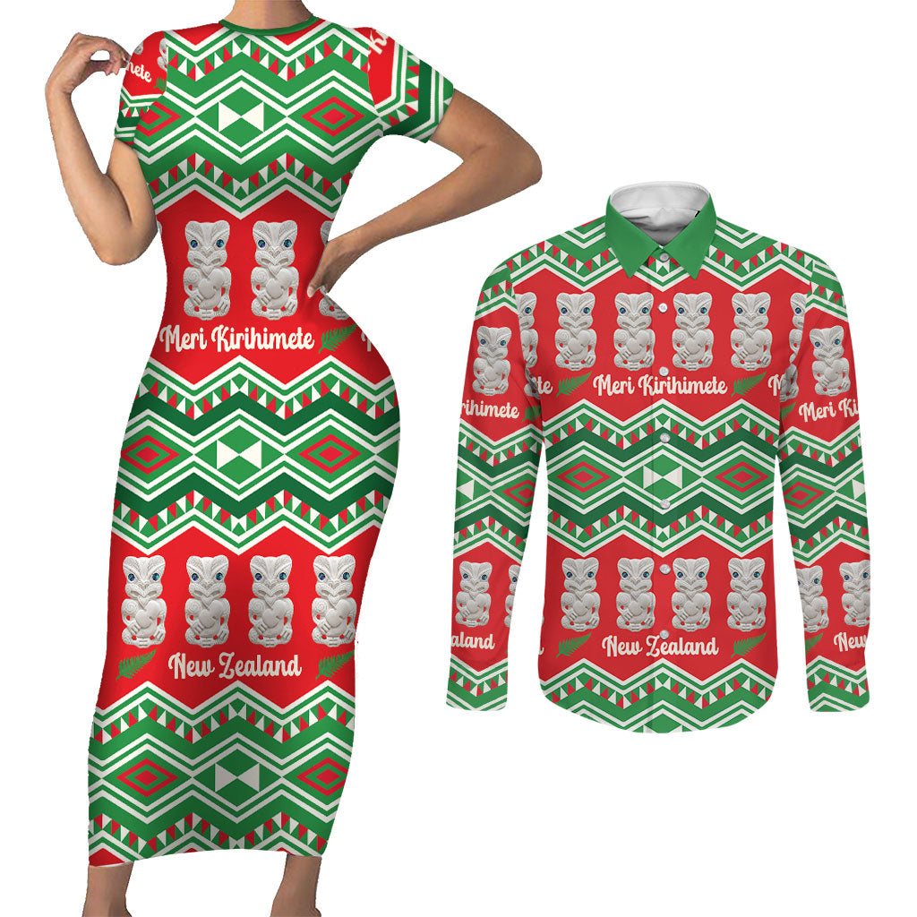 New Zealand Christmas In July Couples Matching Short Sleeve Bodycon Dress and Long Sleeve Button Shirt Meri Kirihimete Hei Tiki Taniko Motifs Seamless
