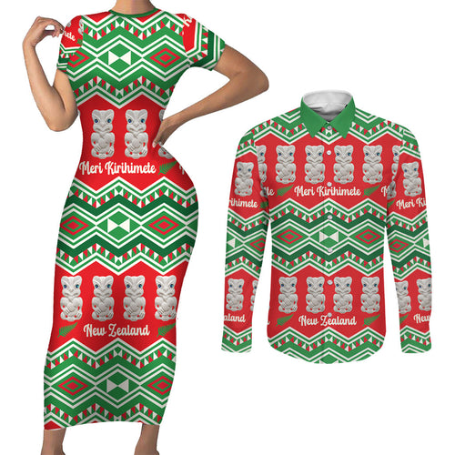 New Zealand Christmas In July Couples Matching Short Sleeve Bodycon Dress and Long Sleeve Button Shirt Meri Kirihimete Hei Tiki Taniko Motifs Seamless