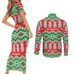 New Zealand Christmas In July Couples Matching Short Sleeve Bodycon Dress and Long Sleeve Button Shirt Meri Kirihimete Hei Tiki Taniko Motifs Seamless