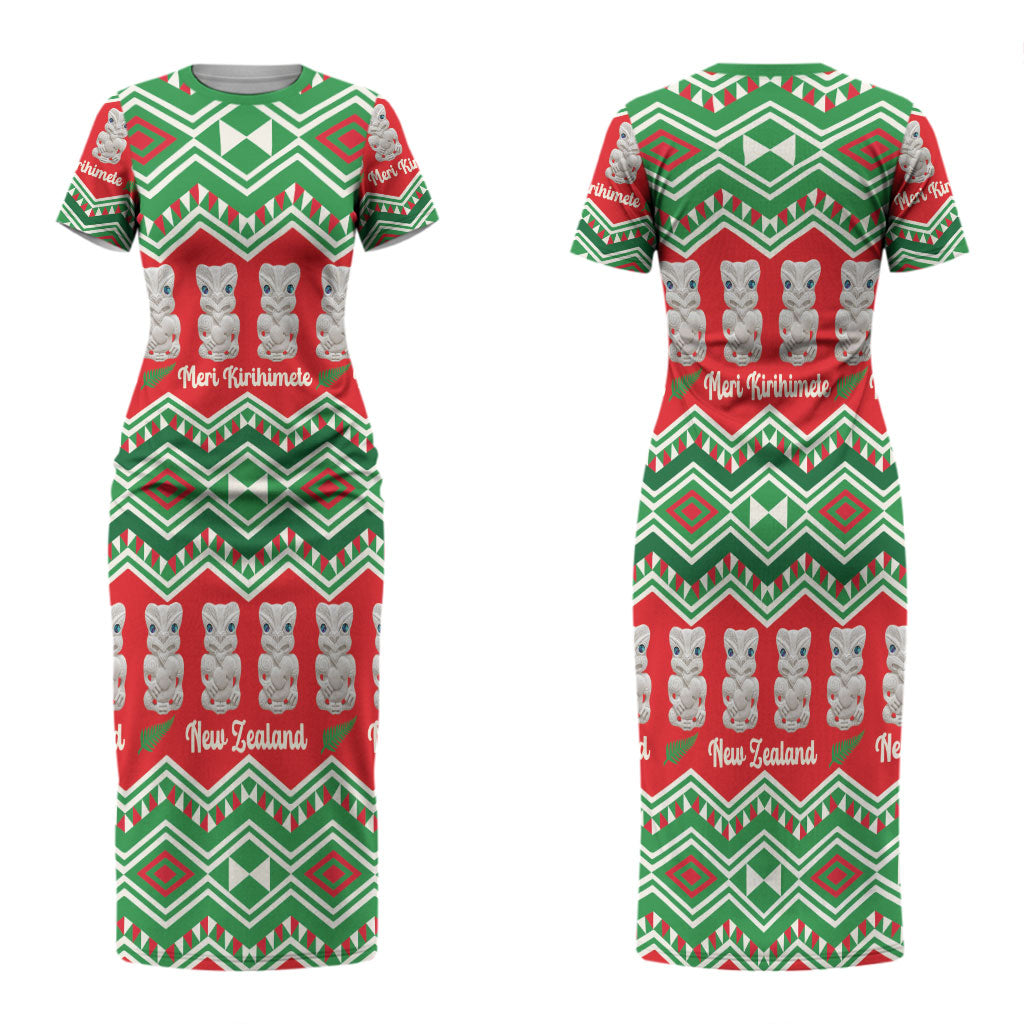 New Zealand Christmas In July Couples Matching Short Sleeve Bodycon Dress and Long Sleeve Button Shirt Meri Kirihimete Hei Tiki Taniko Motifs Seamless LT14