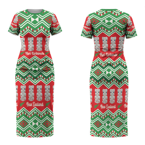 New Zealand Christmas In July Couples Matching Short Sleeve Bodycon Dress and Long Sleeve Button Shirt Meri Kirihimete Hei Tiki Taniko Motifs Seamless LT14