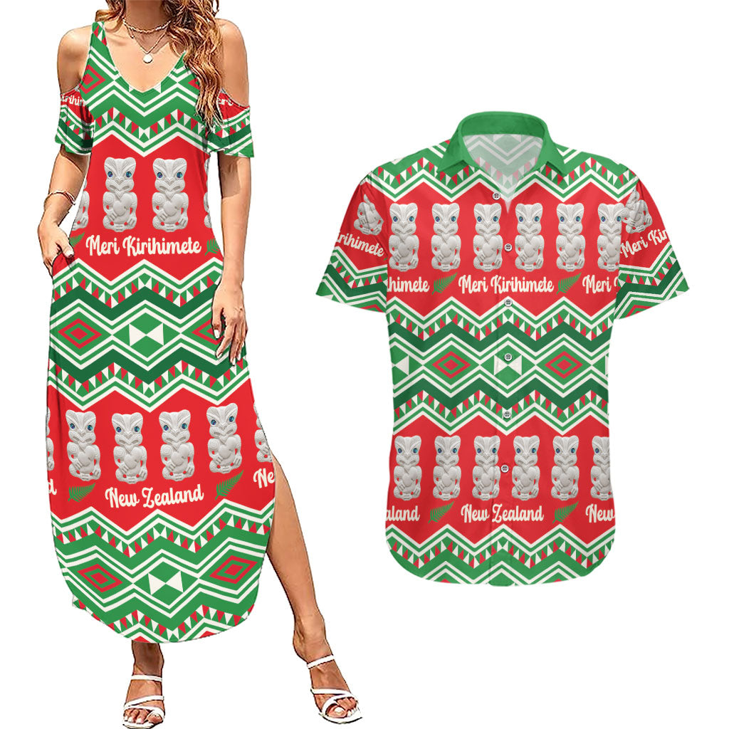 New Zealand Christmas In July Couples Matching Summer Maxi Dress and Hawaiian Shirt Meri Kirihimete Hei Tiki Taniko Motifs Seamless