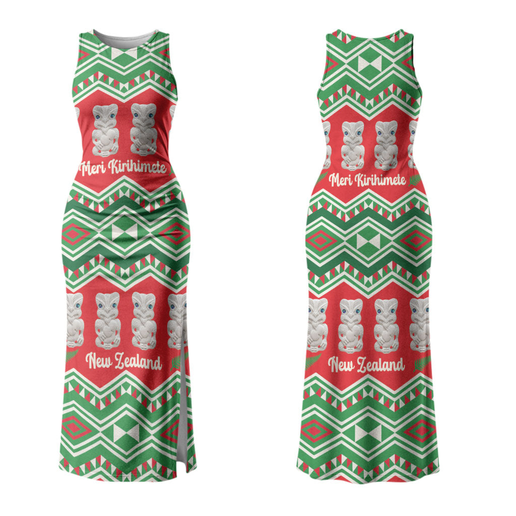 New Zealand Christmas In July Couples Matching Tank Maxi Dress and Long Sleeve Button Shirt Meri Kirihimete Hei Tiki Taniko Motifs Seamless LT14