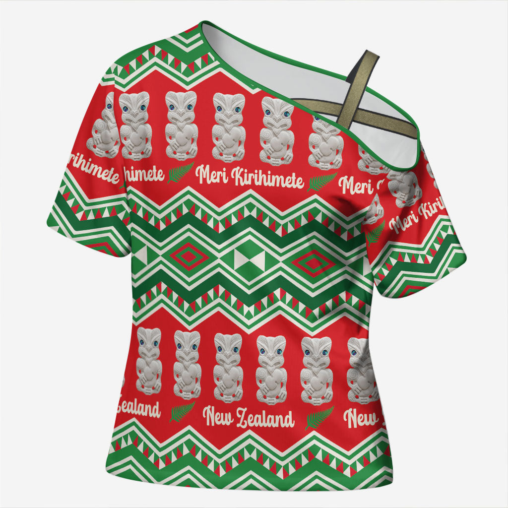 New Zealand Christmas In July Cross Shoulder Shirt Meri Kirihimete Hei Tiki Taniko Motifs Seamless
