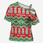 New Zealand Christmas In July Cross Shoulder Shirt Meri Kirihimete Hei Tiki Taniko Motifs Seamless