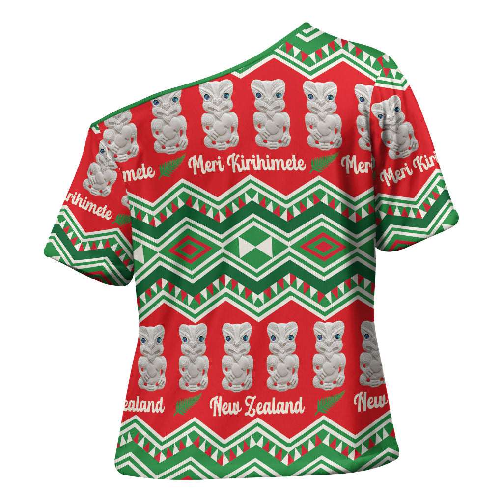 New Zealand Christmas In July Cross Shoulder Shirt Meri Kirihimete Hei Tiki Taniko Motifs Seamless