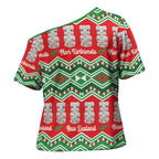 New Zealand Christmas In July Cross Shoulder Shirt Meri Kirihimete Hei Tiki Taniko Motifs Seamless