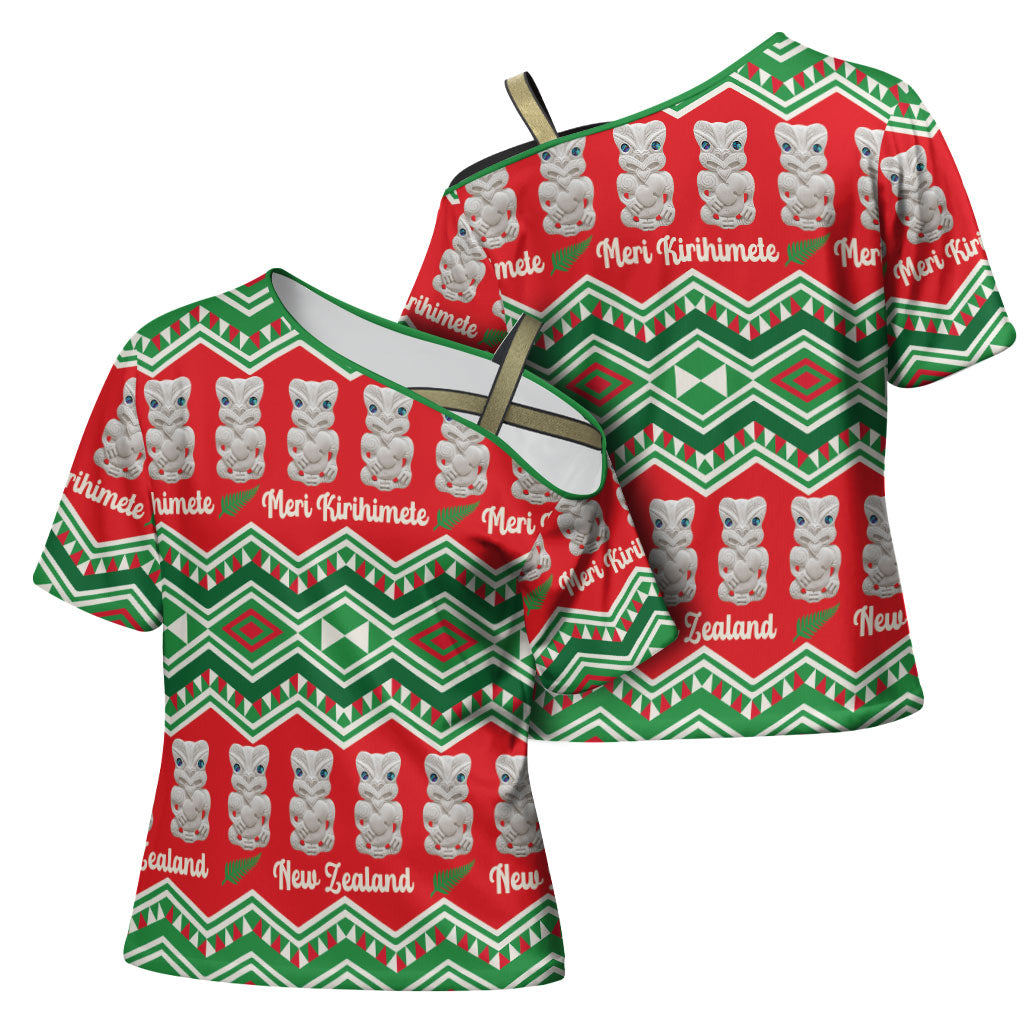 New Zealand Christmas In July Cross Shoulder Shirt Meri Kirihimete Hei Tiki Taniko Motifs Seamless