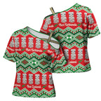 New Zealand Christmas In July Cross Shoulder Shirt Meri Kirihimete Hei Tiki Taniko Motifs Seamless