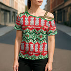 New Zealand Christmas In July Cross Shoulder Shirt Meri Kirihimete Hei Tiki Taniko Motifs Seamless