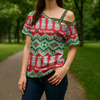 New Zealand Christmas In July Cross Shoulder Shirt Meri Kirihimete Hei Tiki Taniko Motifs Seamless