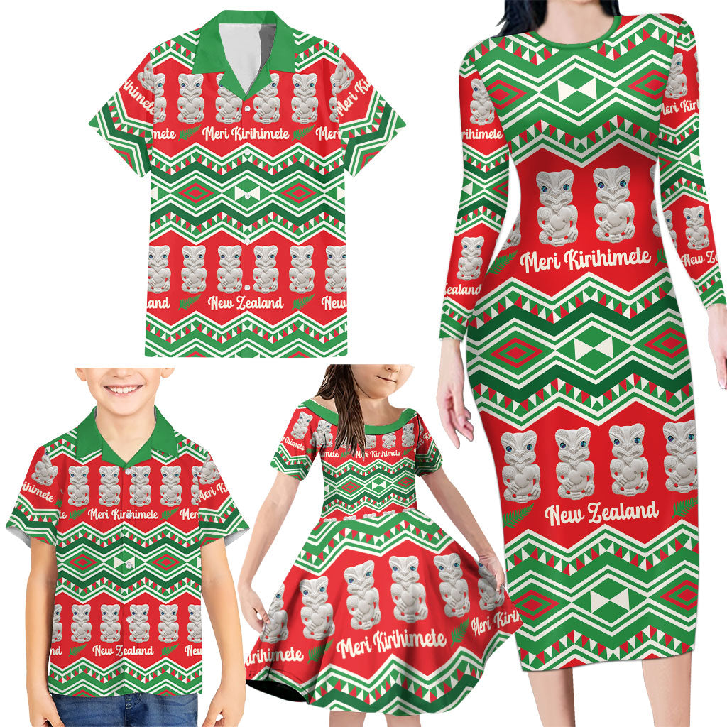 New Zealand Christmas In July Family Matching Long Sleeve Bodycon Dress and Hawaiian Shirt Meri Kirihimete Hei Tiki Taniko Motifs Seamless