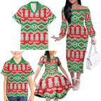 New Zealand Christmas In July Family Matching Off The Shoulder Long Sleeve Dress and Hawaiian Shirt Meri Kirihimete Hei Tiki Taniko Motifs Seamless