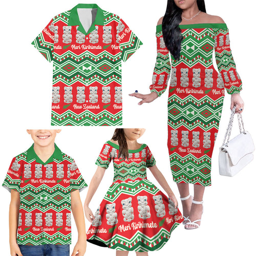 New Zealand Christmas In July Family Matching Off The Shoulder Long Sleeve Dress and Hawaiian Shirt Meri Kirihimete Hei Tiki Taniko Motifs Seamless