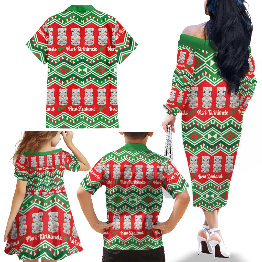 New Zealand Christmas In July Family Matching Off The Shoulder Long Sleeve Dress and Hawaiian Shirt Meri Kirihimete Hei Tiki Taniko Motifs Seamless