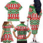 New Zealand Christmas In July Family Matching Off The Shoulder Long Sleeve Dress and Hawaiian Shirt Meri Kirihimete Hei Tiki Taniko Motifs Seamless