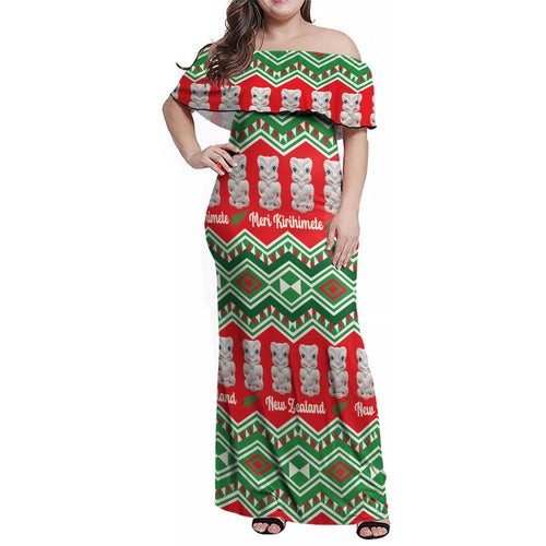 New Zealand Christmas In July Family Matching Off Shoulder Maxi Dress and Hawaiian Shirt Meri Kirihimete Hei Tiki Taniko Motifs Seamless
