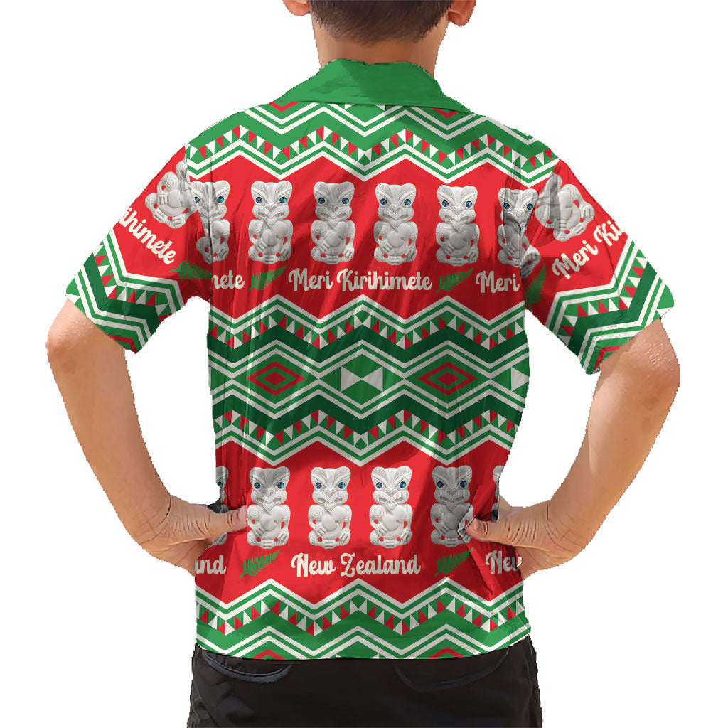 New Zealand Christmas In July Family Matching Off Shoulder Short Dress and Hawaiian Shirt Meri Kirihimete Hei Tiki Taniko Motifs Seamless
