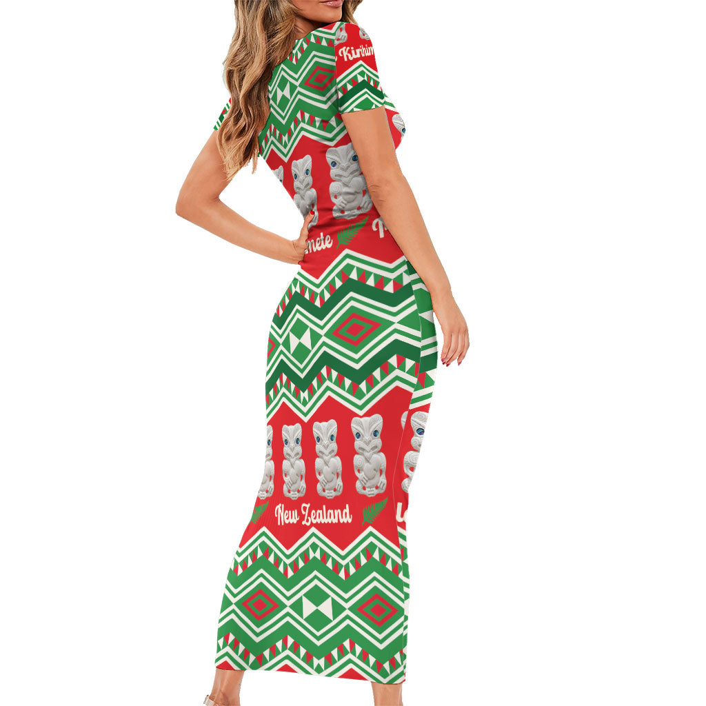 New Zealand Christmas In July Family Matching Short Sleeve Bodycon Dress and Hawaiian Shirt Meri Kirihimete Hei Tiki Taniko Motifs Seamless