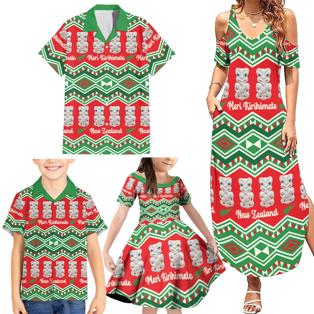 New Zealand Christmas In July Family Matching Summer Maxi Dress and Hawaiian Shirt Meri Kirihimete Hei Tiki Taniko Motifs Seamless