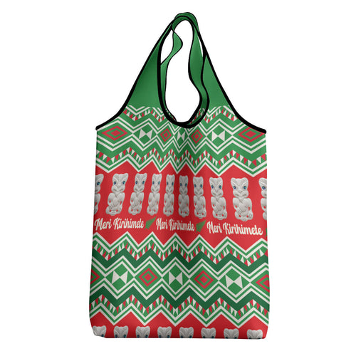 New Zealand Christmas In July Grocery Bag Meri Kirihimete Hei Tiki Taniko Motifs Seamless