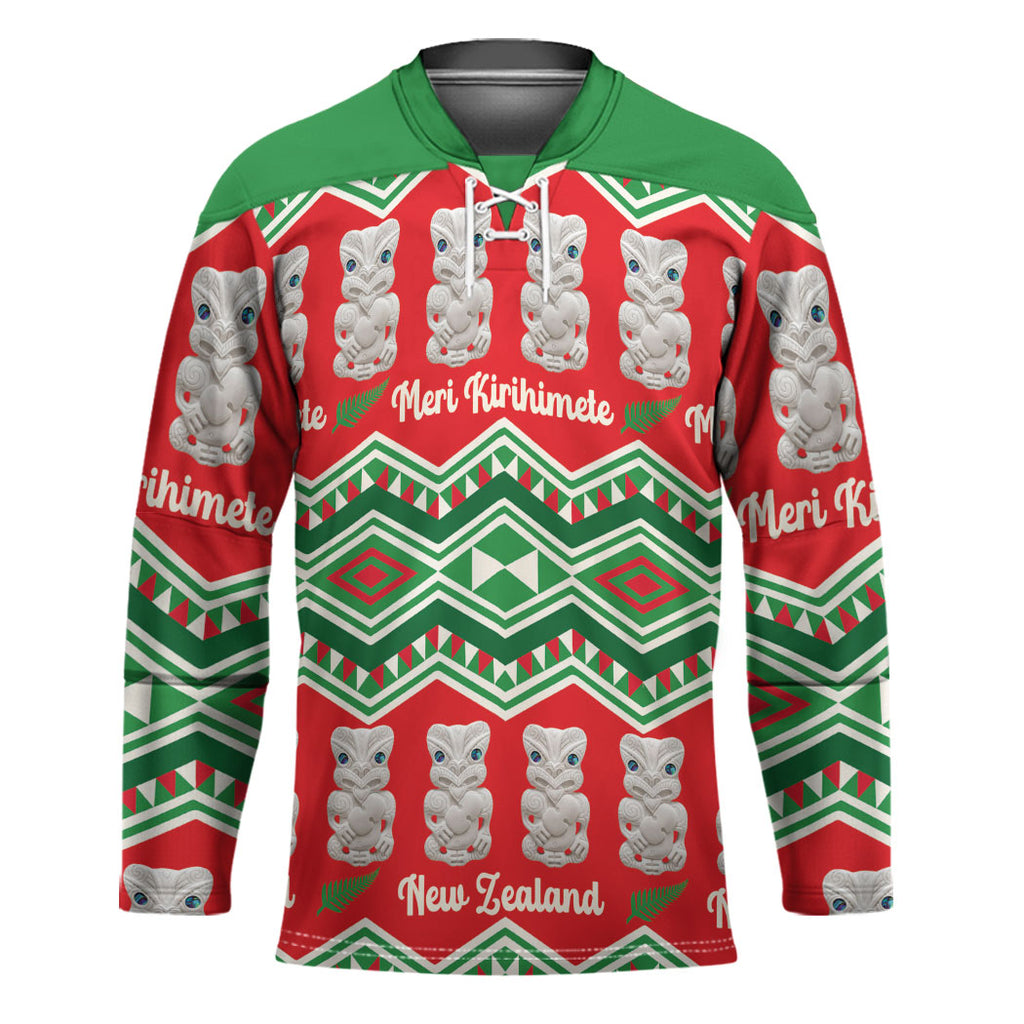 New Zealand Christmas In July Hockey Jersey Meri Kirihimete Hei Tiki Taniko Motifs Seamless