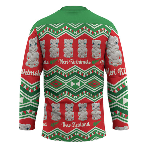 New Zealand Christmas In July Hockey Jersey Meri Kirihimete Hei Tiki Taniko Motifs Seamless