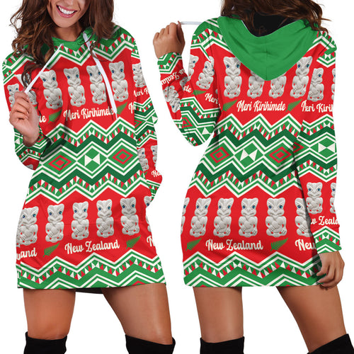 New Zealand Christmas In July Hoodie Dress Meri Kirihimete Hei Tiki Taniko Motifs Seamless