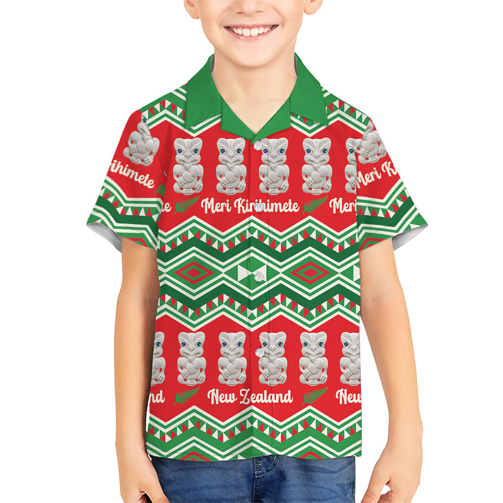 New Zealand Christmas In July Kid Hawaiian Shirt Meri Kirihimete Hei Tiki Taniko Motifs Seamless