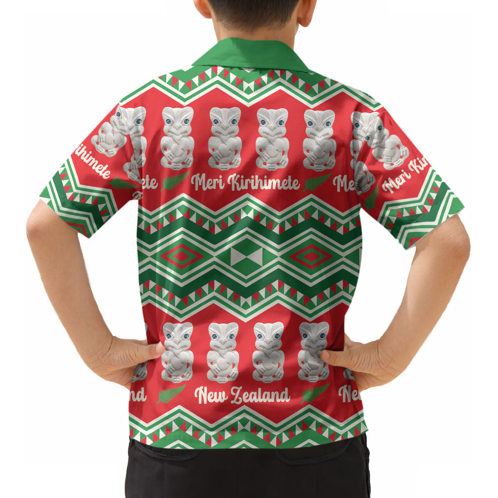 New Zealand Christmas In July Kid Hawaiian Shirt Meri Kirihimete Hei Tiki Taniko Motifs Seamless LT14