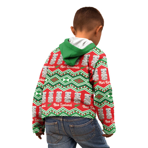 New Zealand Christmas In July Kid Hoodie Meri Kirihimete Hei Tiki Taniko Motifs Seamless