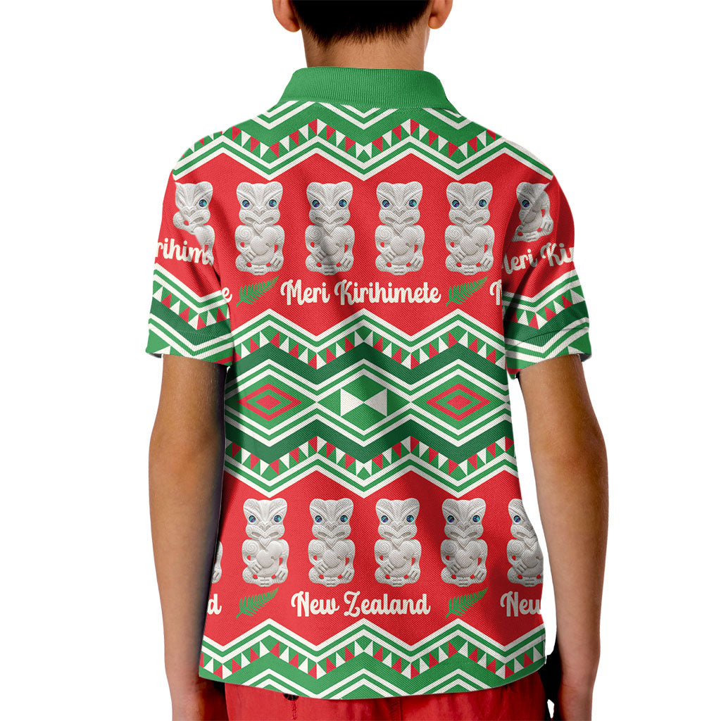 New Zealand Christmas In July Kid Polo Shirt Meri Kirihimete Hei Tiki Taniko Motifs Seamless