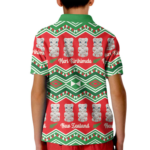New Zealand Christmas In July Kid Polo Shirt Meri Kirihimete Hei Tiki Taniko Motifs Seamless