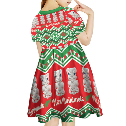 New Zealand Christmas In July Kid Short Sleeve Dress Meri Kirihimete Hei Tiki Taniko Motifs Seamless