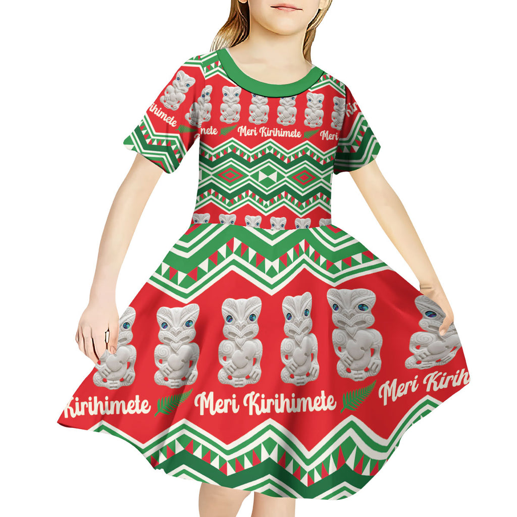 New Zealand Christmas In July Kid Short Sleeve Dress Meri Kirihimete Hei Tiki Taniko Motifs Seamless