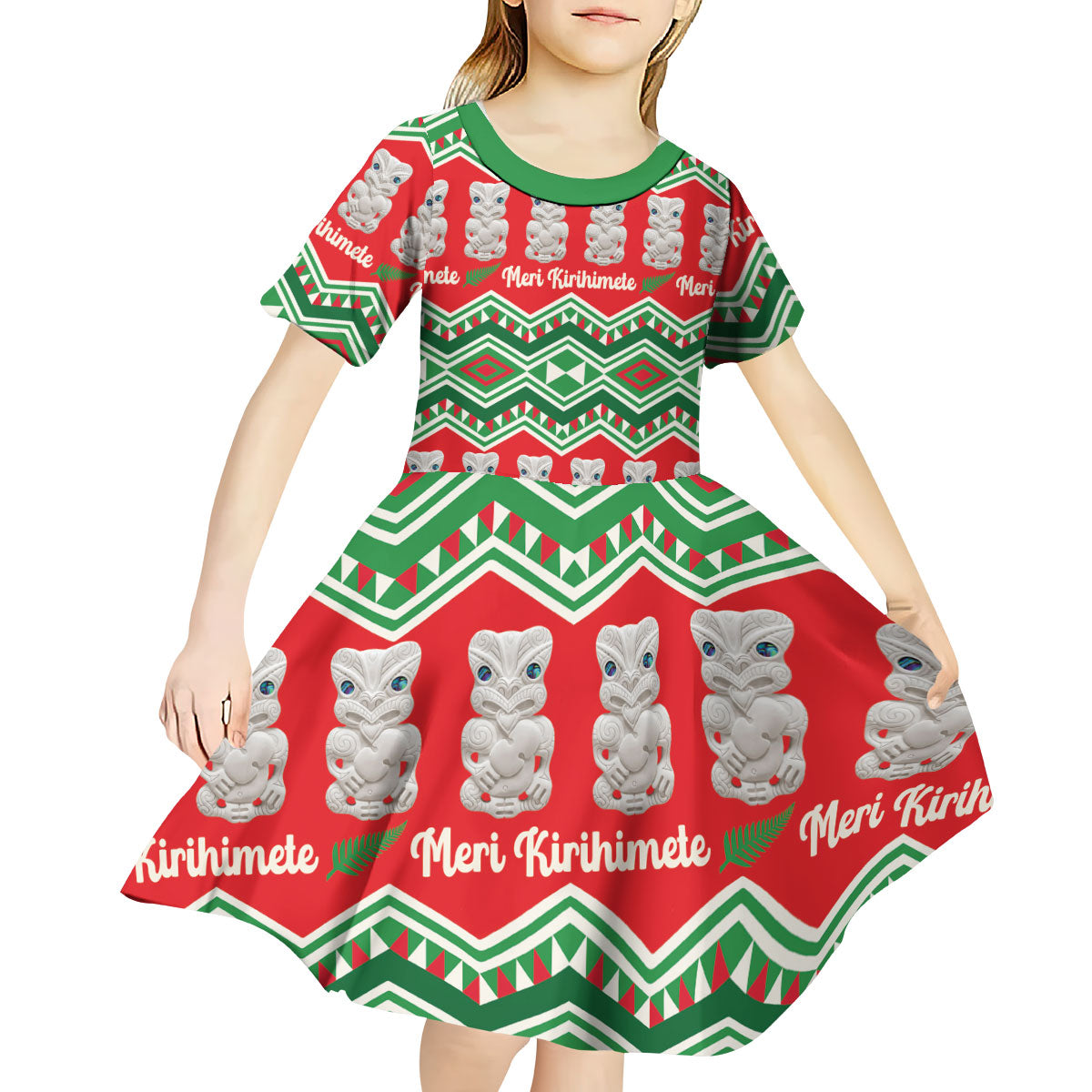 New Zealand Christmas In July Kid Short Sleeve Dress Meri Kirihimete Hei Tiki Taniko Motifs Seamless