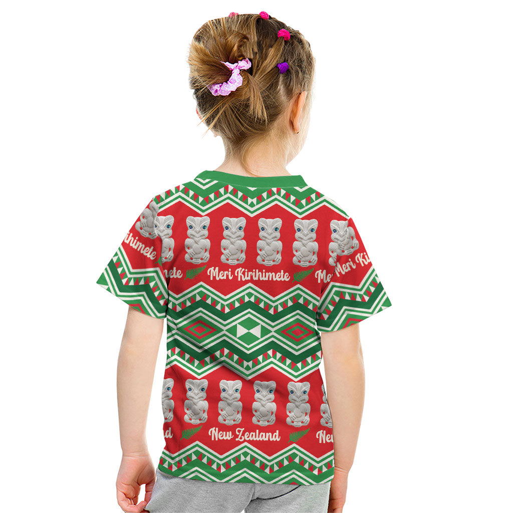 New Zealand Christmas In July Kid T Shirt Meri Kirihimete Hei Tiki Taniko Motifs Seamless