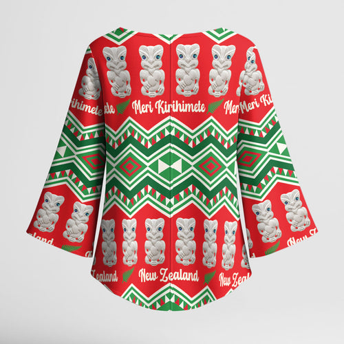 New Zealand Christmas In July Kimono Sleeve Blouse Meri Kirihimete Hei Tiki Taniko Motifs Seamless