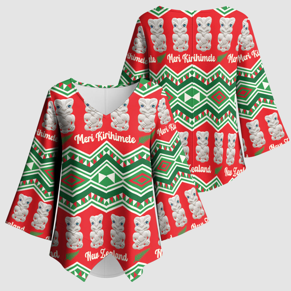 New Zealand Christmas In July Kimono Sleeve Blouse Meri Kirihimete Hei Tiki Taniko Motifs Seamless