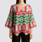New Zealand Christmas In July Kimono Sleeve Blouse Meri Kirihimete Hei Tiki Taniko Motifs Seamless