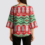 New Zealand Christmas In July Kimono Sleeve Blouse Meri Kirihimete Hei Tiki Taniko Motifs Seamless