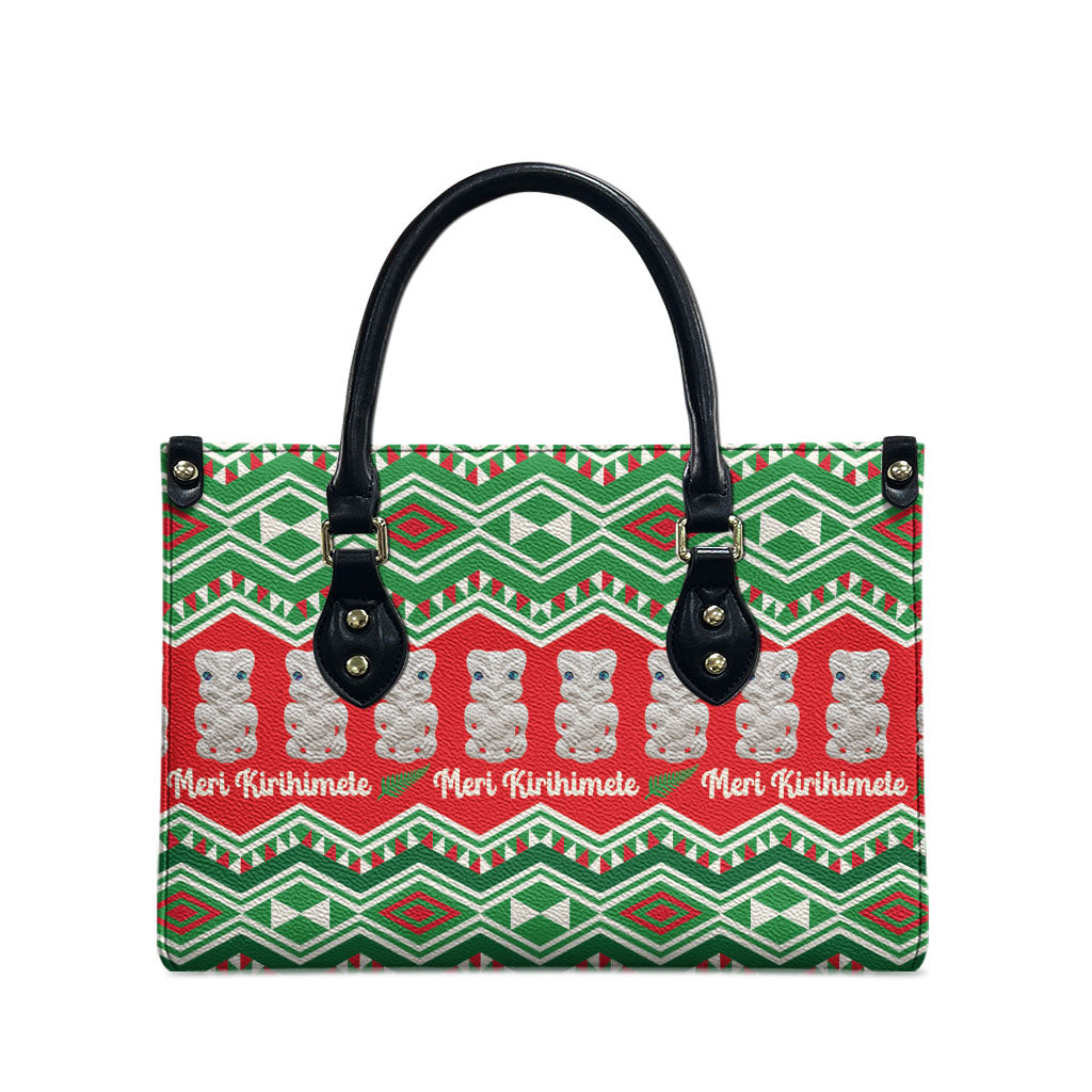 New Zealand Christmas In July Leather Bag Meri Kirihimete Hei Tiki Taniko Motifs Seamless