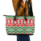 New Zealand Christmas In July Leather Tote Bag Meri Kirihimete Hei Tiki Taniko Motifs Seamless